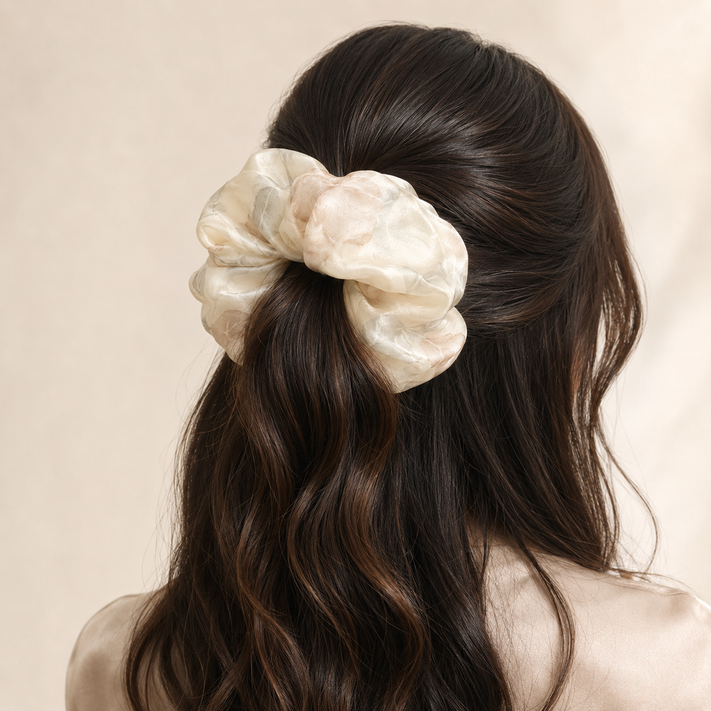 YSL Ivory Floral Silk Jumbo Scrunchie