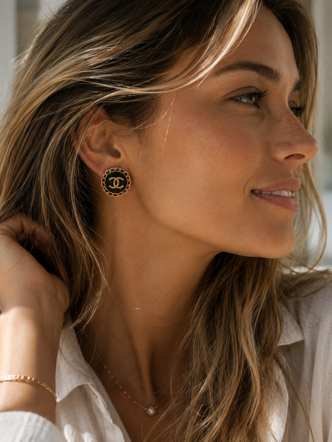 Vintage Chanel Black & Gold Chain Button Earrings