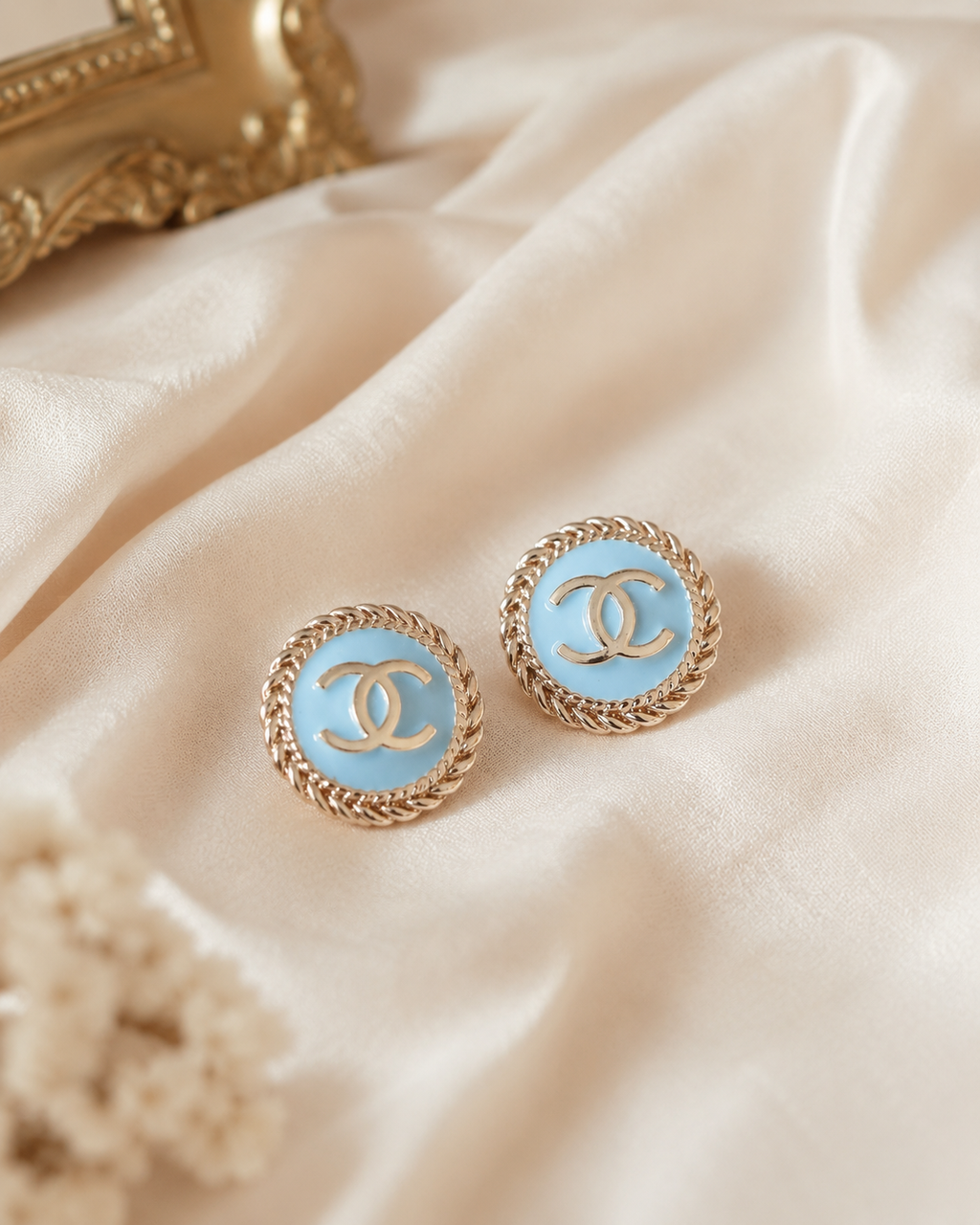 Vintage Chanel Blue & Gold Button Earrings