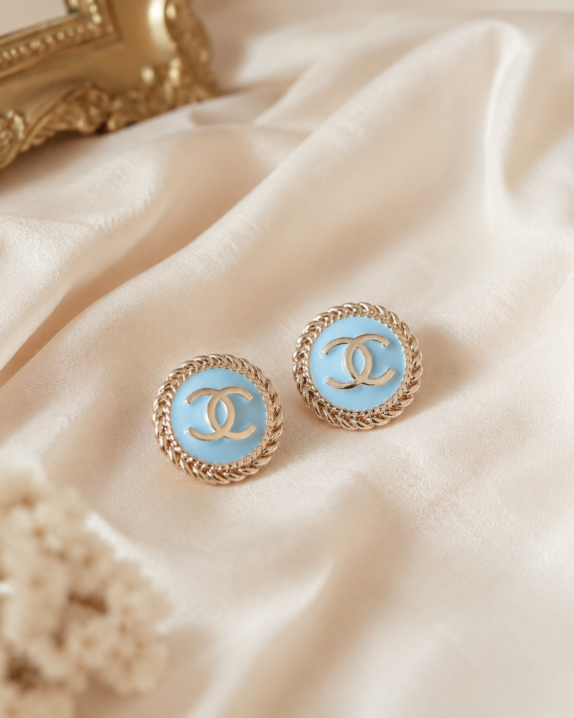 Vintage Chanel Blue & Gold Button Earrings