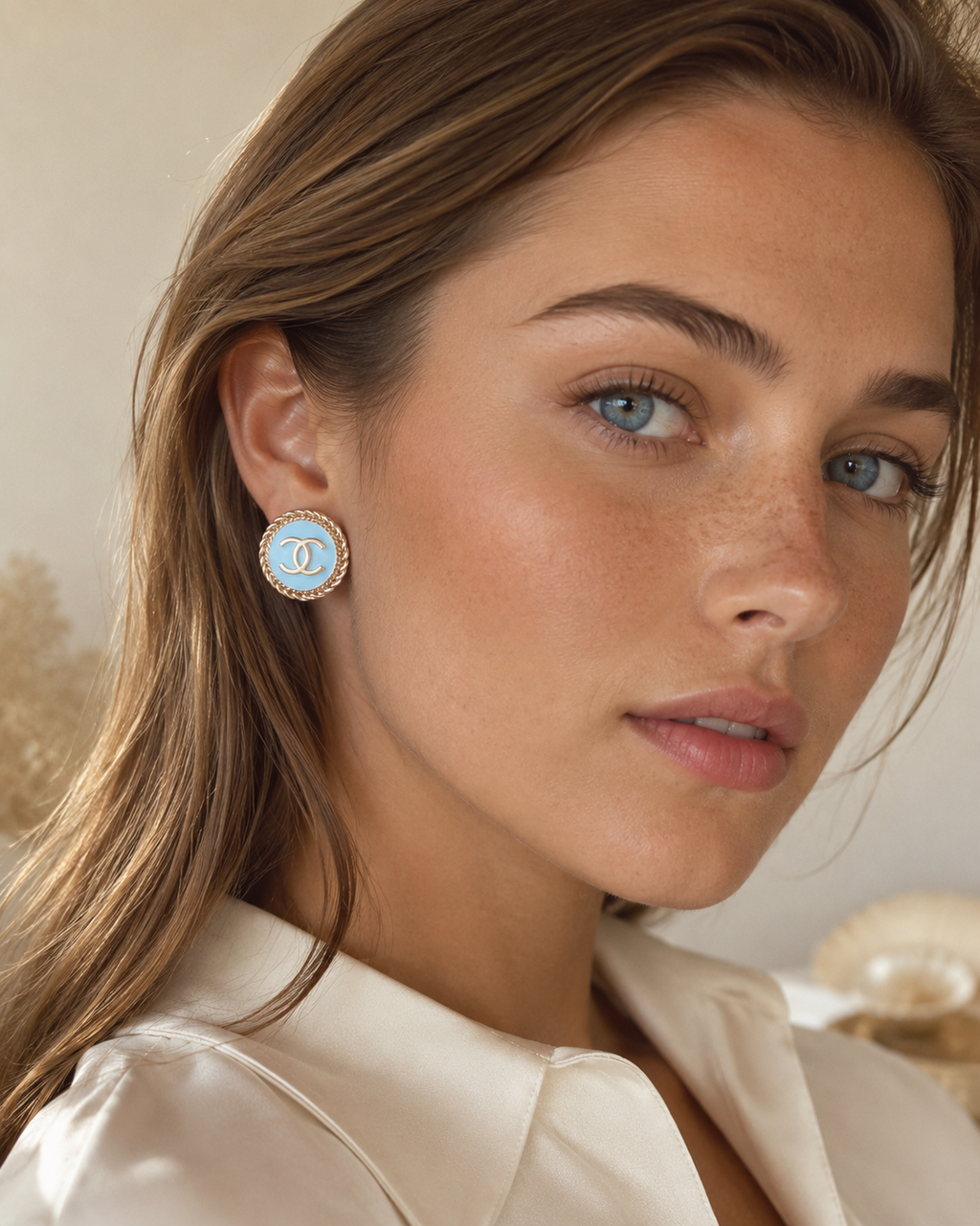 Vintage Chanel Blue & Gold Button Earrings