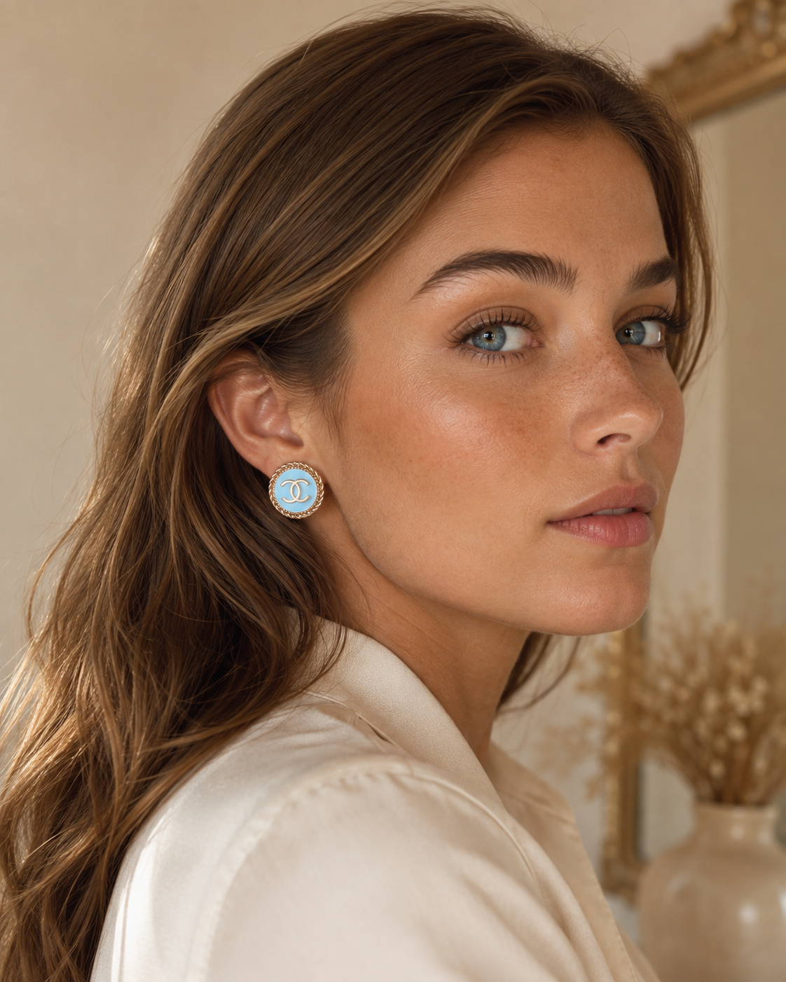 Vintage Chanel Blue & Gold Button Earrings
