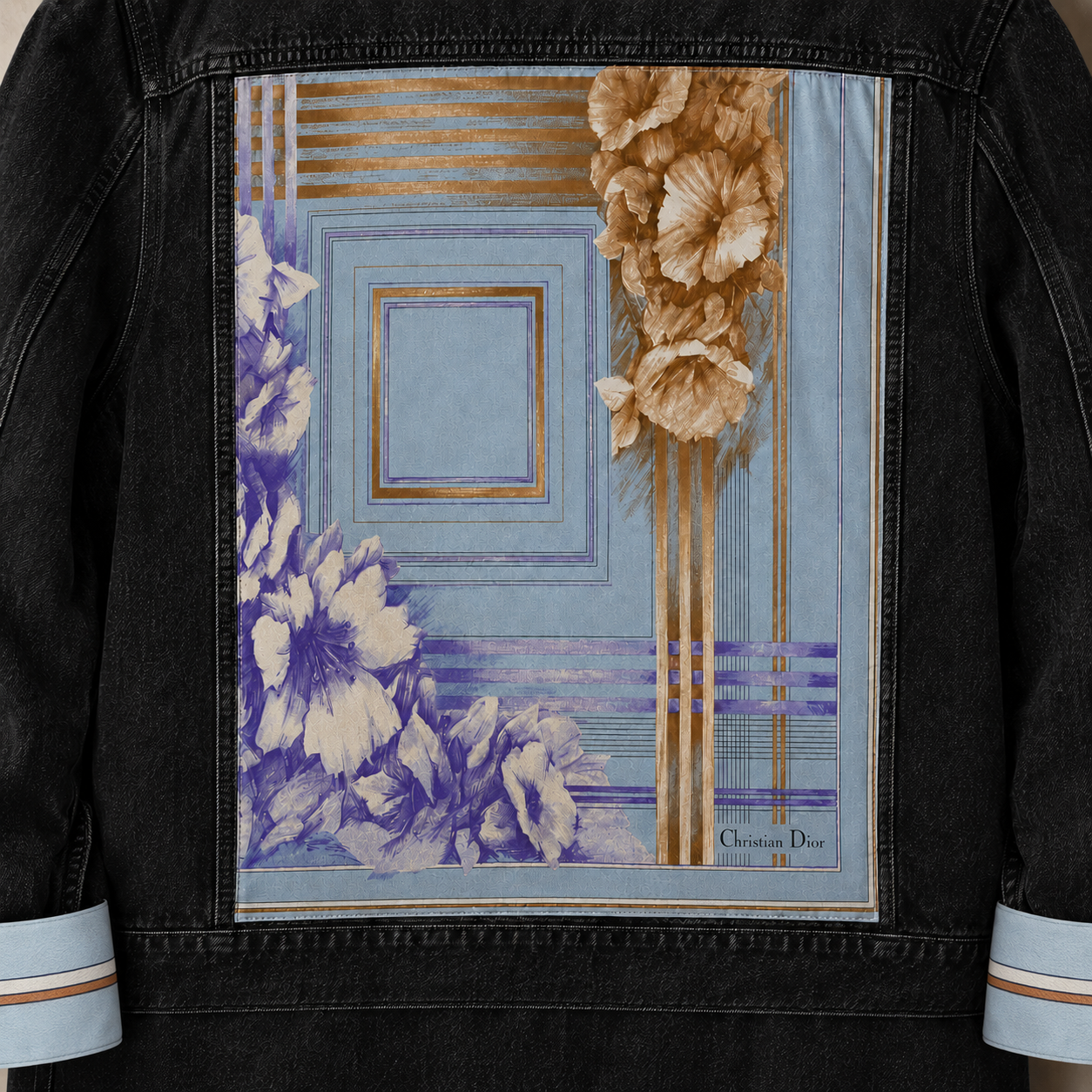 Vintage Christian Dior Scarf Reworked Black Denim Jacket