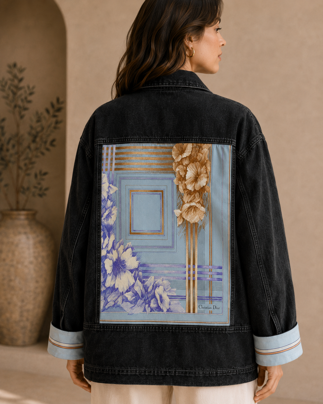 Vintage Christian Dior Scarf Reworked Black Denim Jacket