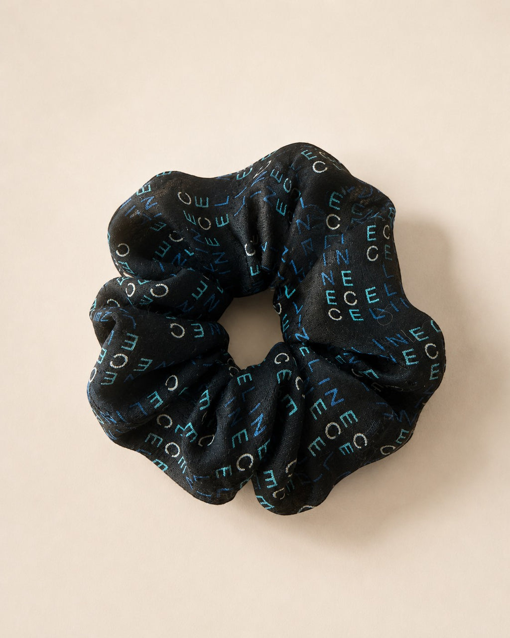 Second Soie handmade black scrunchie crafted from authentic repurposed Celine scarf with blue and ivory logo print