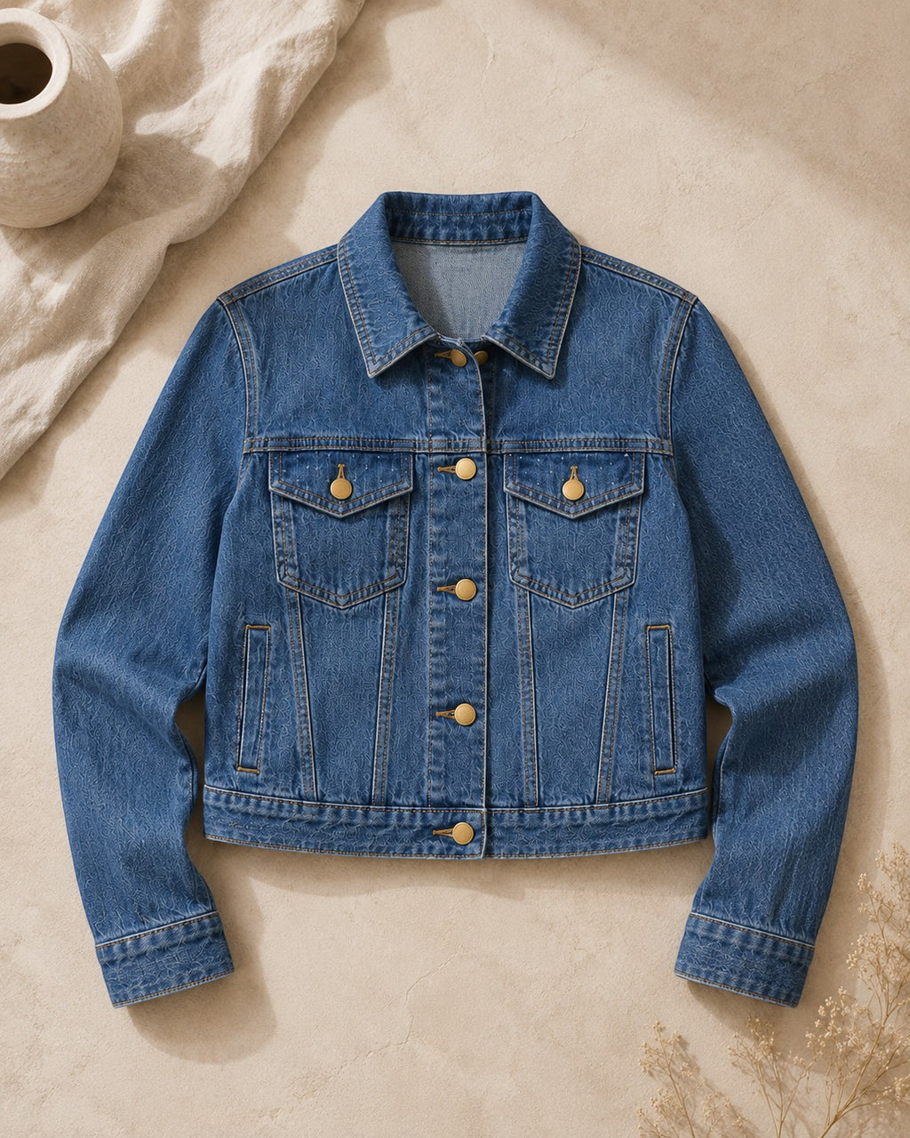 Second Soie cropped medium-blue denim jacket with matte gold buttons and structured collar, front view.