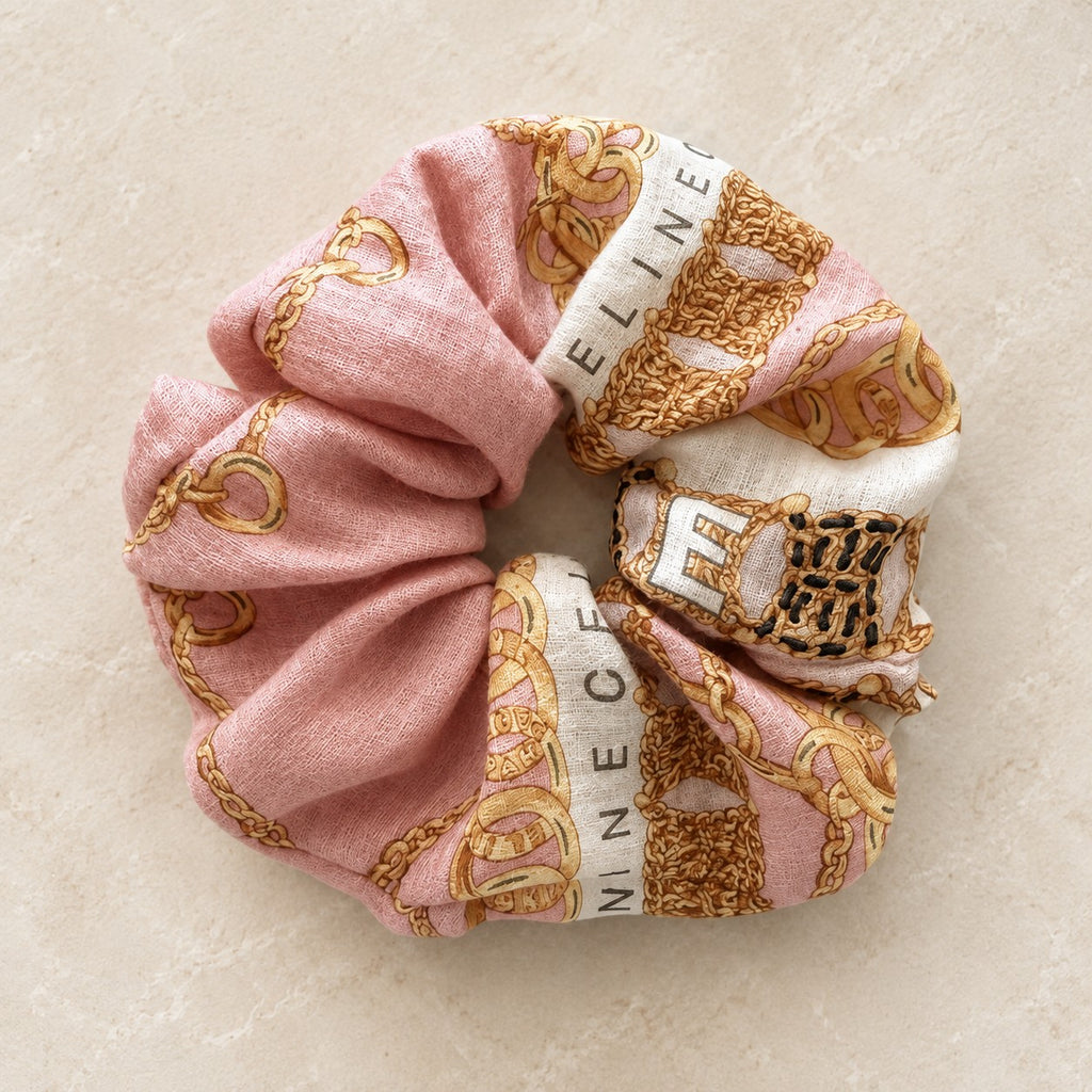 Second Soie jumbo scrunchie in blush pink and ivory with vintage Celine equestrian chain print and gold accents.