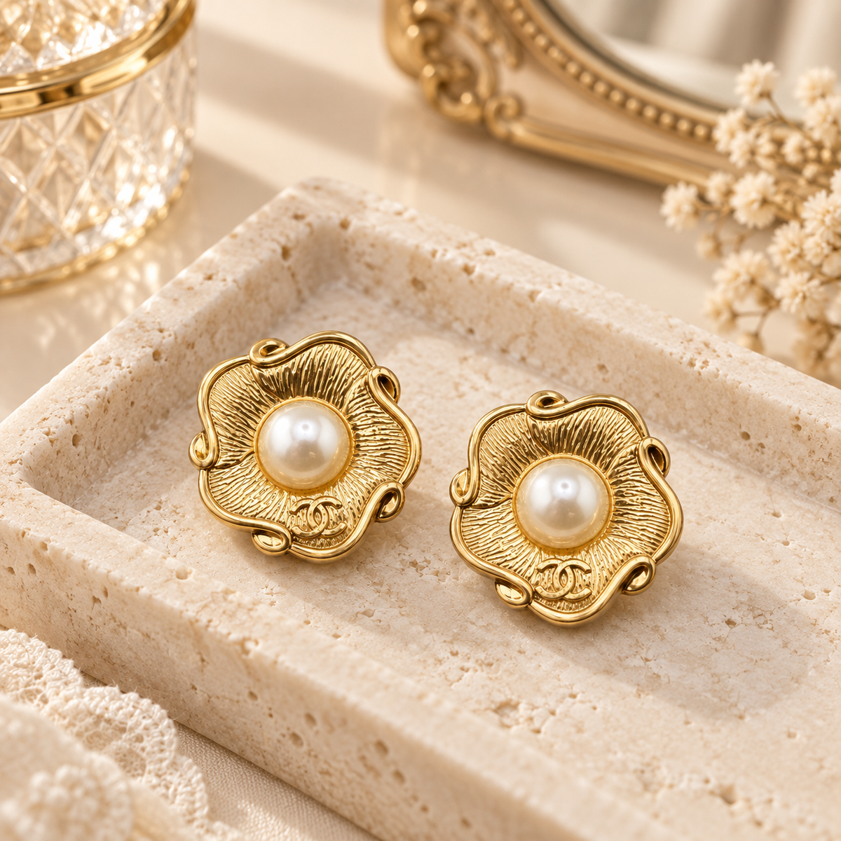 Second Soie vintage Chanel Camélia Perle earrings featuring gold-tone sculptural petals and a central pearl.