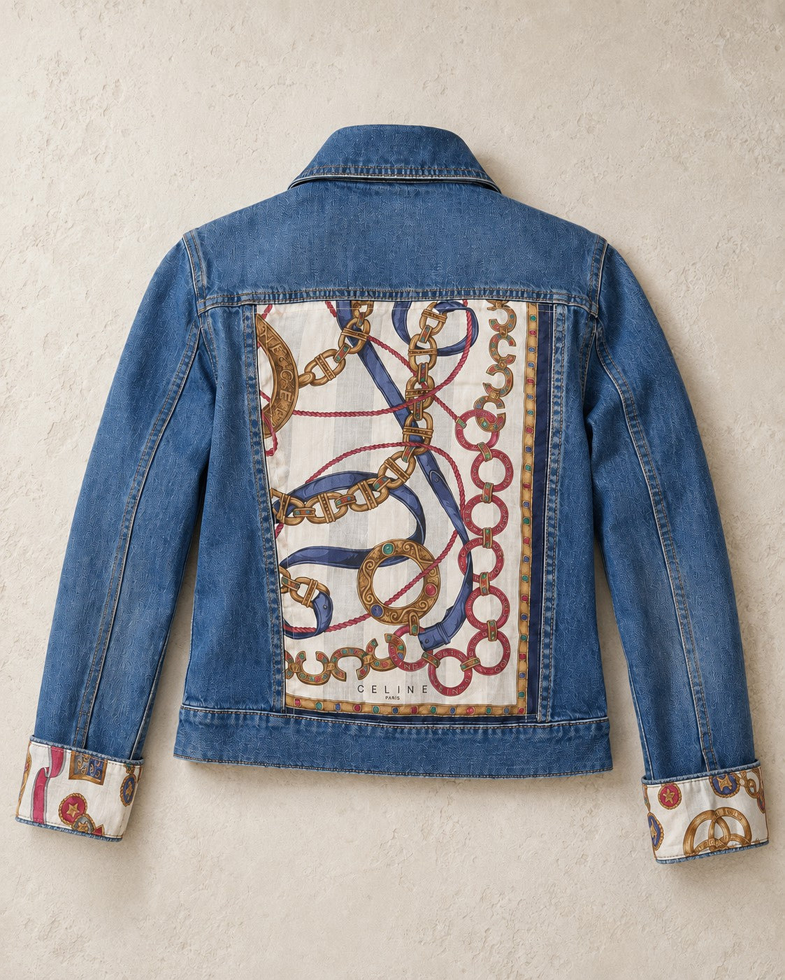 Second Soie cropped denim jacket featuring a vintage Celine scarf back panel with equestrian chain and jewel print.