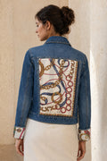 Second Soie cropped denim jacket with vintage Celine scarf back panel featuring equestrian chains and pink accents.