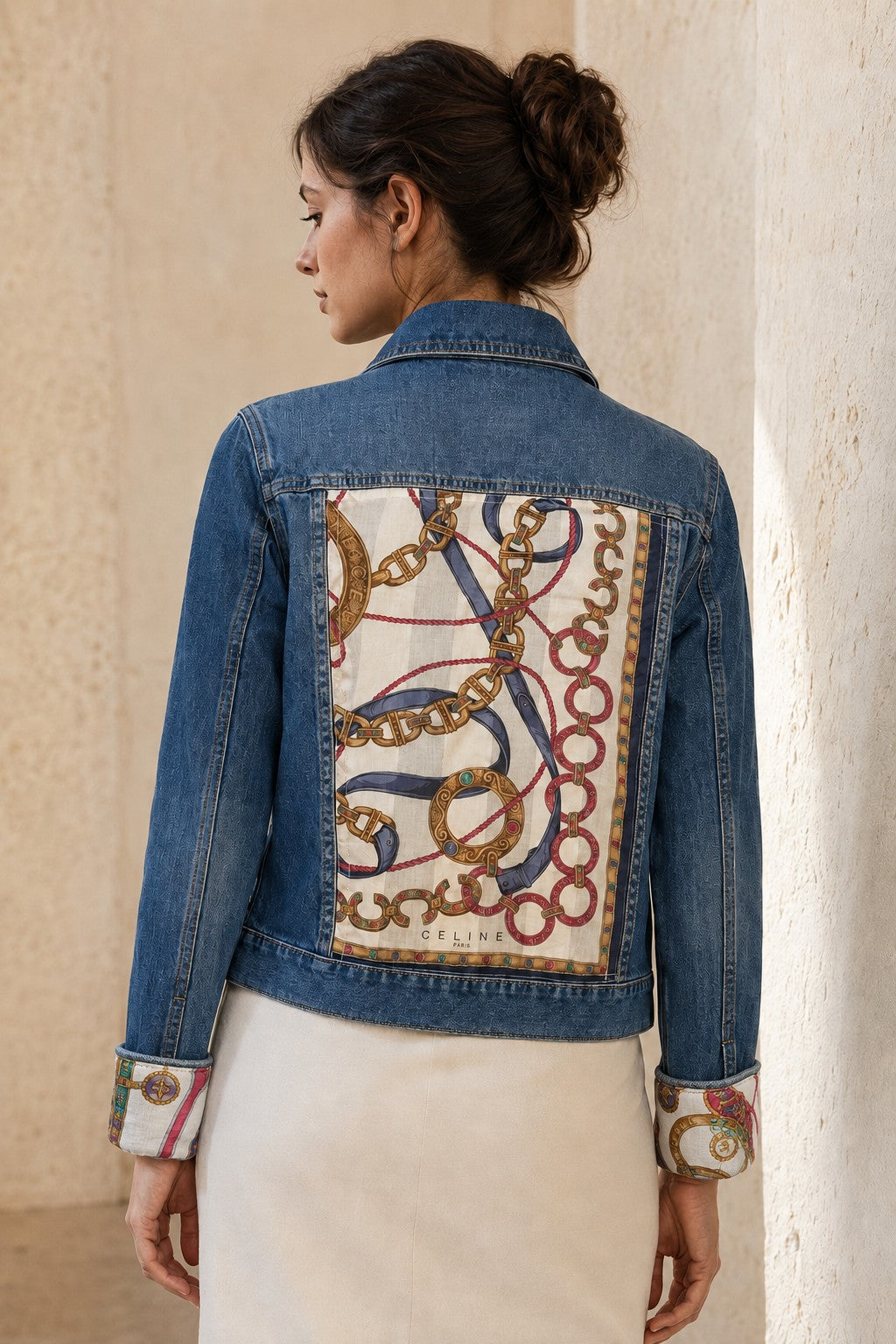 Second Soie cropped denim jacket with vintage Celine scarf back panel featuring equestrian chains and pink accents.