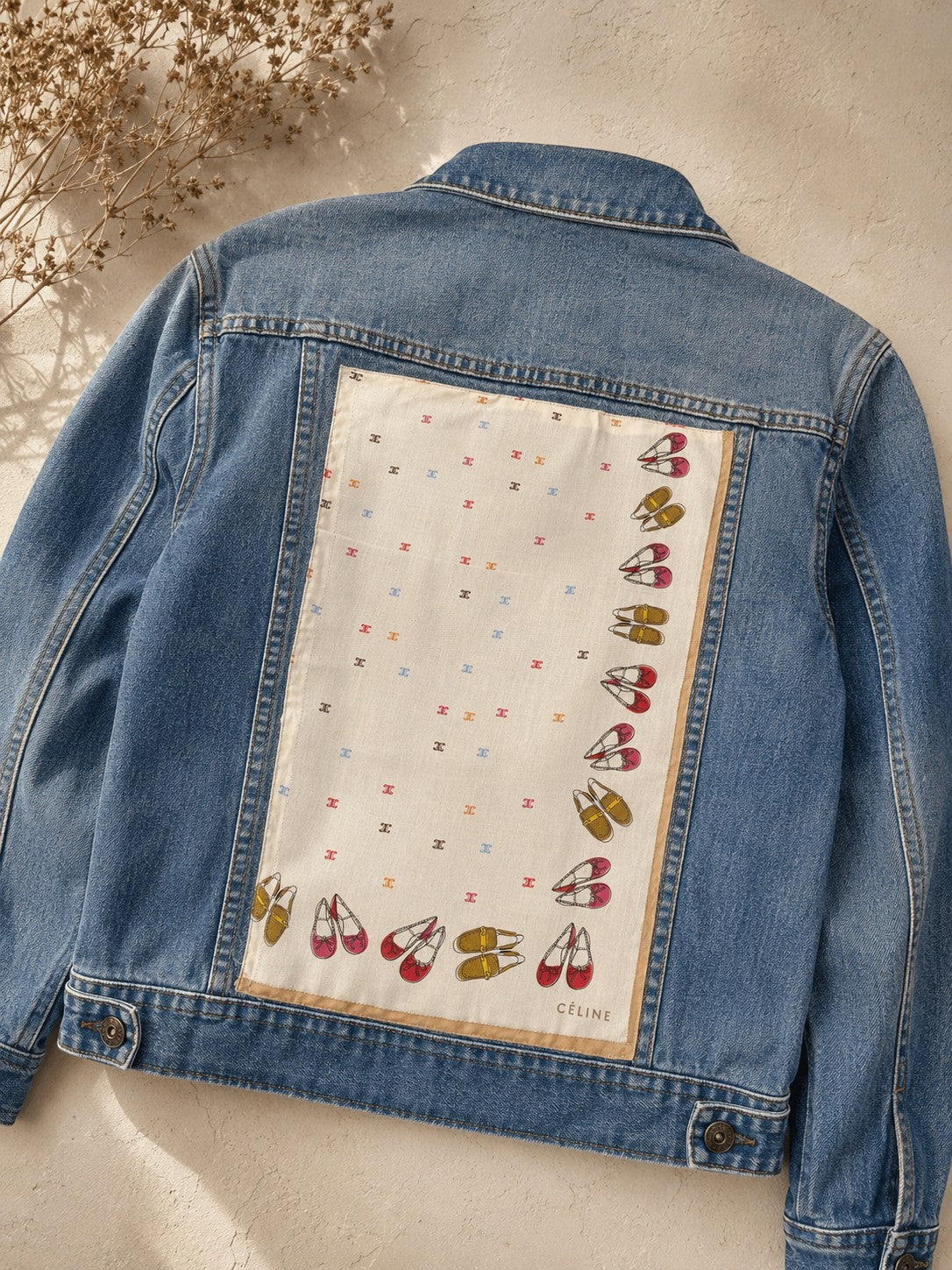 Second Soie medium wash denim jacket featuring a vintage Celine silk scarf back panel with ballet flat illustrations.