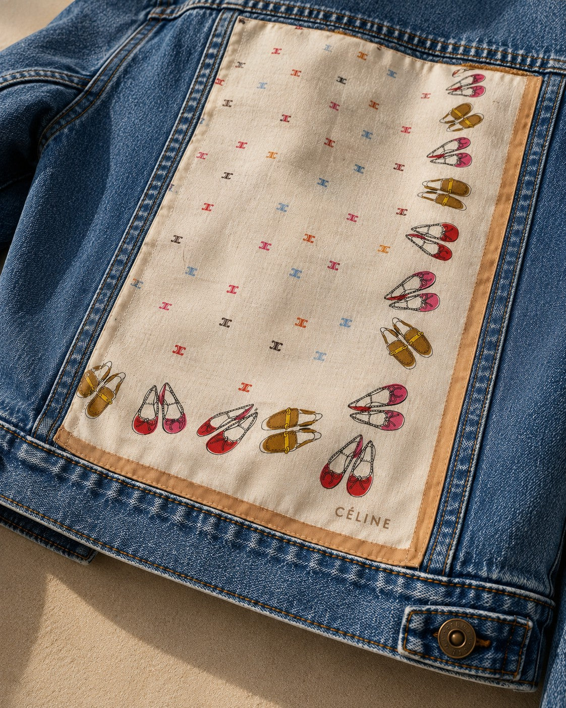 Second Soie denim jacket featuring a vintage Celine silk scarf back panel with ballet flat and monogram print