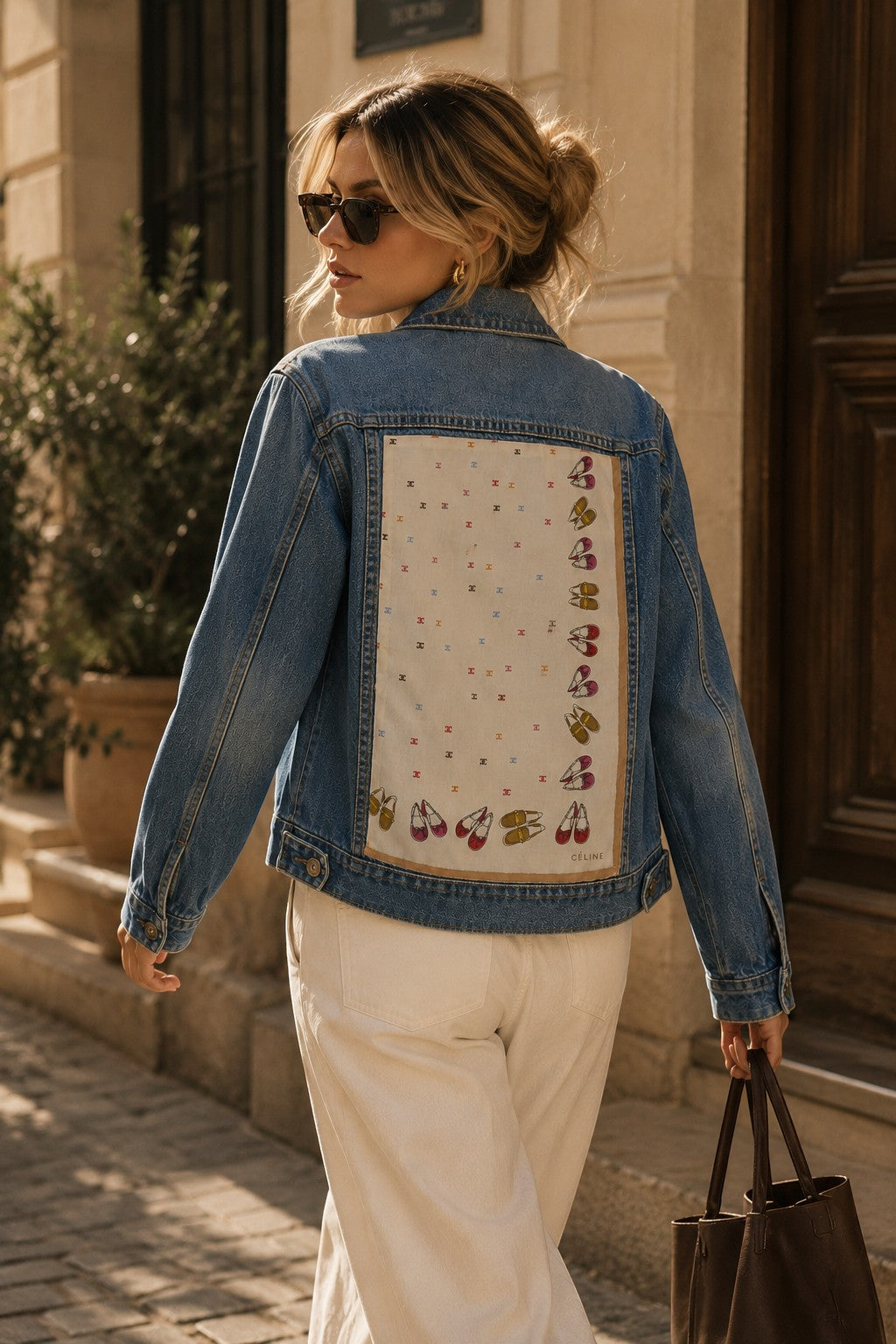 Second Soie denim jacket featuring a vintage Celine silk scarf back panel with ballet flat and monogram print