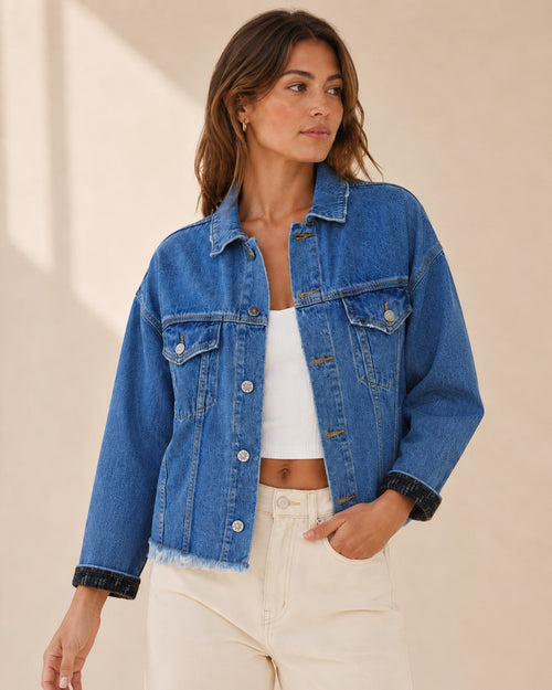 Second Soie cropped medium blue denim jacket with authentic Celine scarf detailing on cuffs and a raw frayed hem.