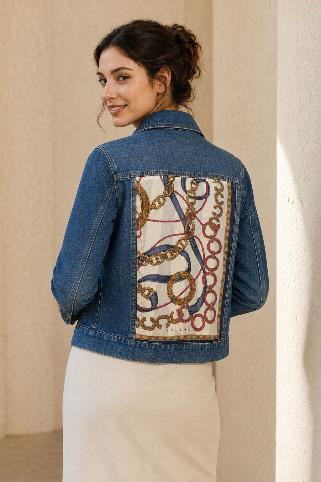 Second Soie cropped denim jacket featuring a vintage Celine scarf panel with equestrian chain print on the back