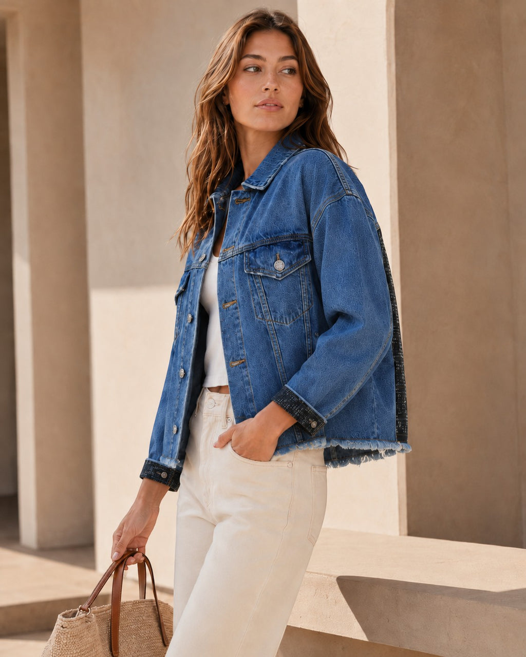 Second Soie cropped blue denim jacket with black Celine scarf panel on back and cuff details worn by a model