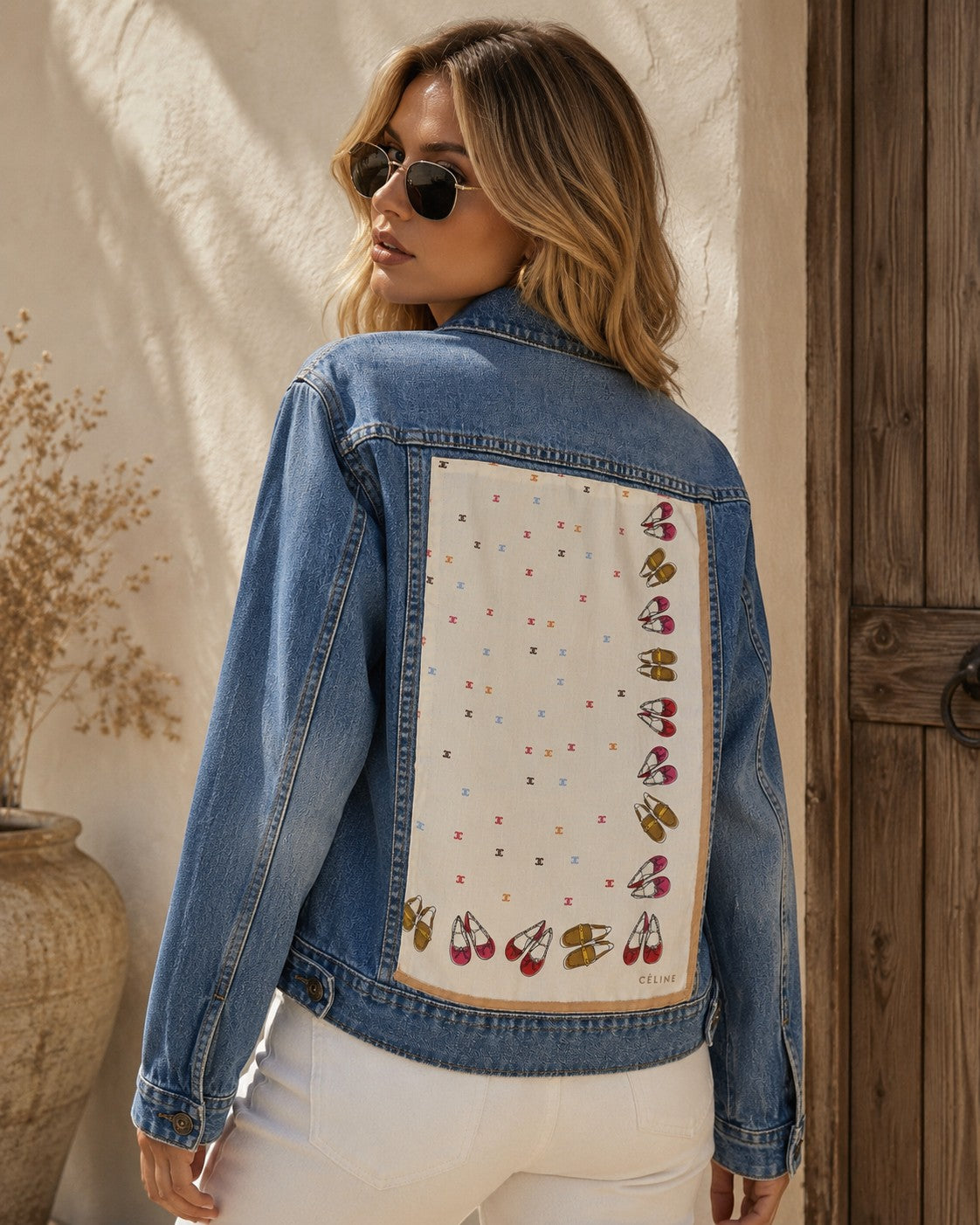 Second Soie medium wash denim jacket featuring a vintage Celine silk scarf back panel with ballet flat illustrations.