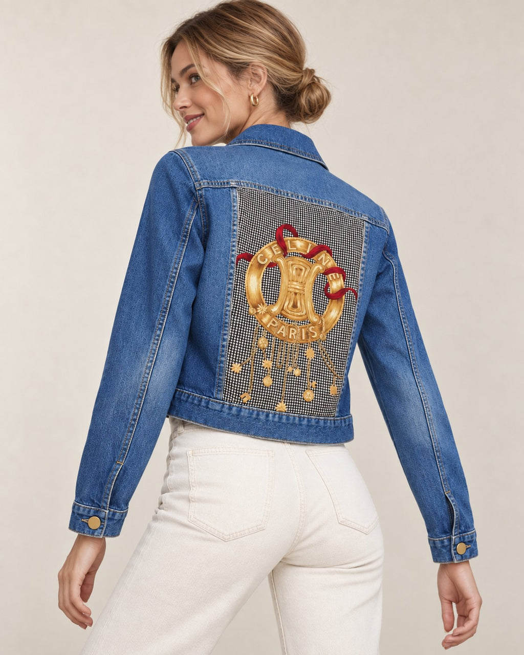 Second Soie cropped denim jacket with a vintage Celine houndstooth scarf panel and gold emblem on the back.