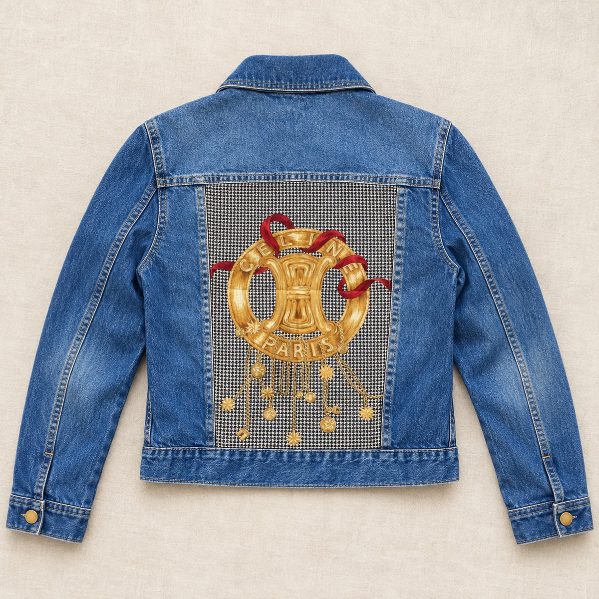 Second Soie cropped medium-wash denim jacket featuring a back panel with a vintage Celine houndstooth scarf design.