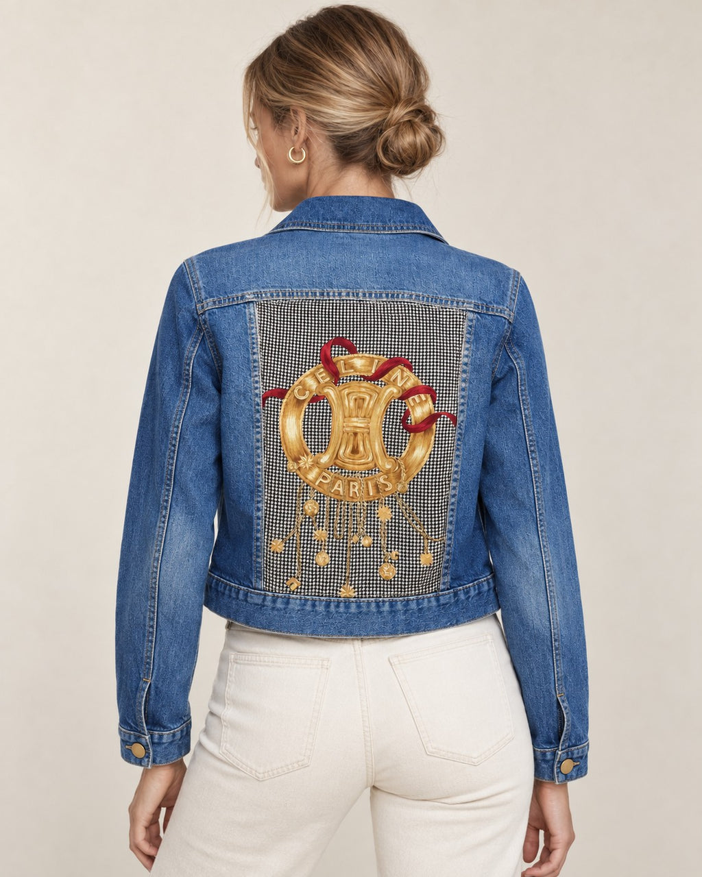 Second Soie cropped denim jacket with a vintage Celine Paris houndstooth scarf panel and gold emblem on the back.