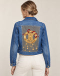 Second Soie cropped denim jacket with a vintage Celine Paris houndstooth scarf panel and gold emblem on the back.