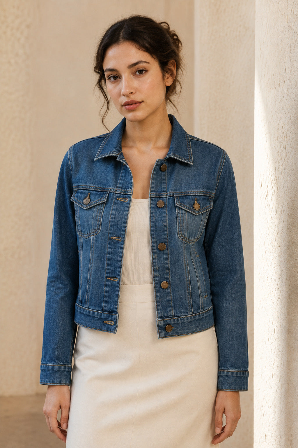 Second Soie cropped denim jacket with antique bronze buttons worn by a model in a neutral setting