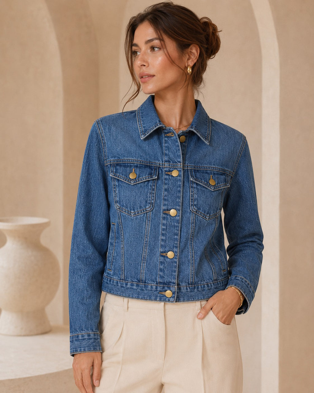 Second Soie medium-blue cropped denim jacket with matte gold buttons worn by a model in a neutral studio setting