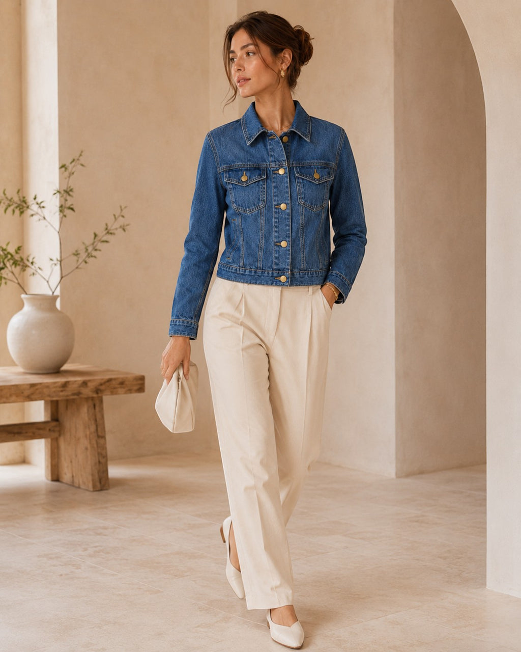 Second Soie cropped medium-blue denim jacket with matte gold buttons worn by a woman with cream trousers and heels