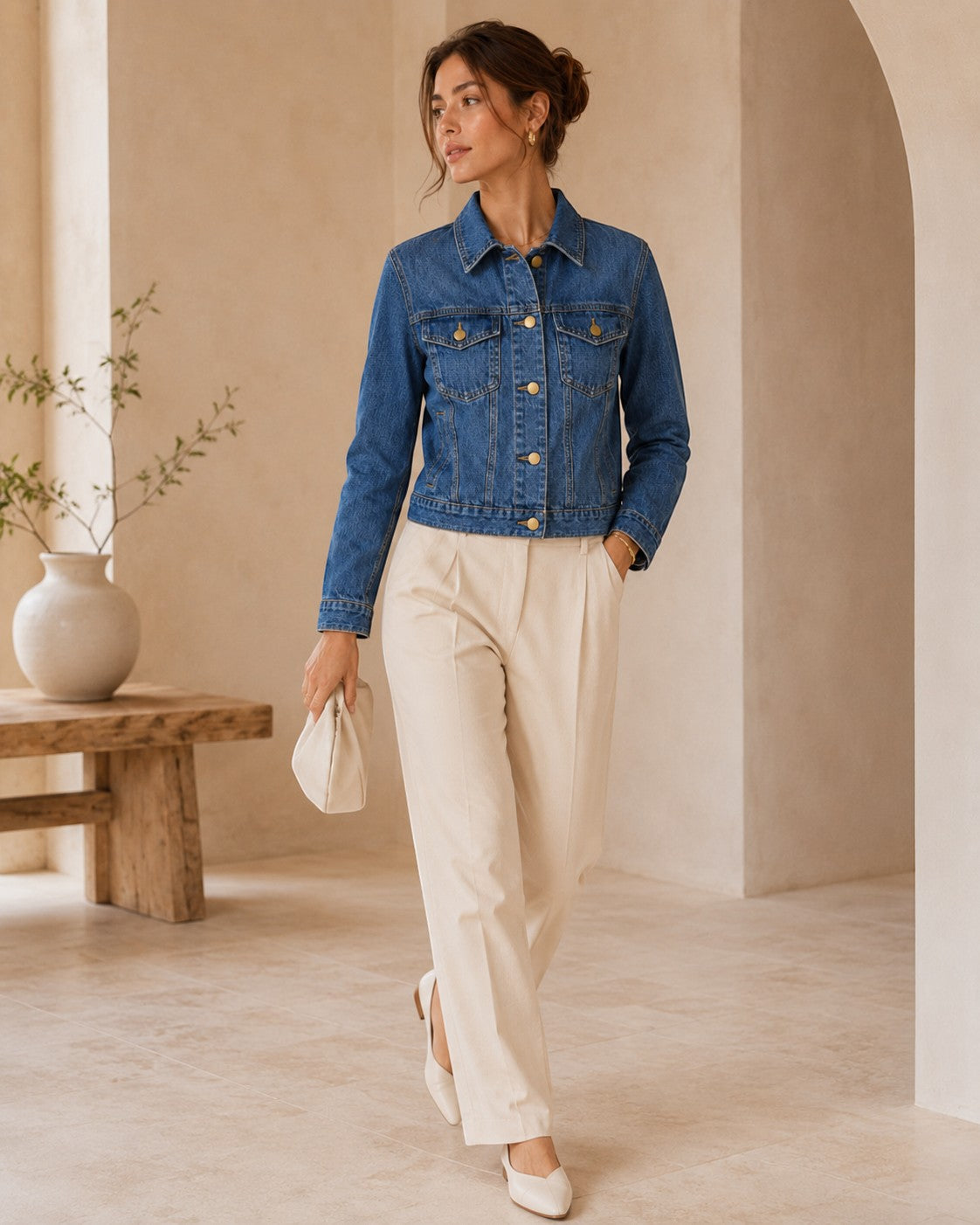Second Soie cropped medium-blue denim jacket with matte gold buttons worn by a woman with cream trousers and heels