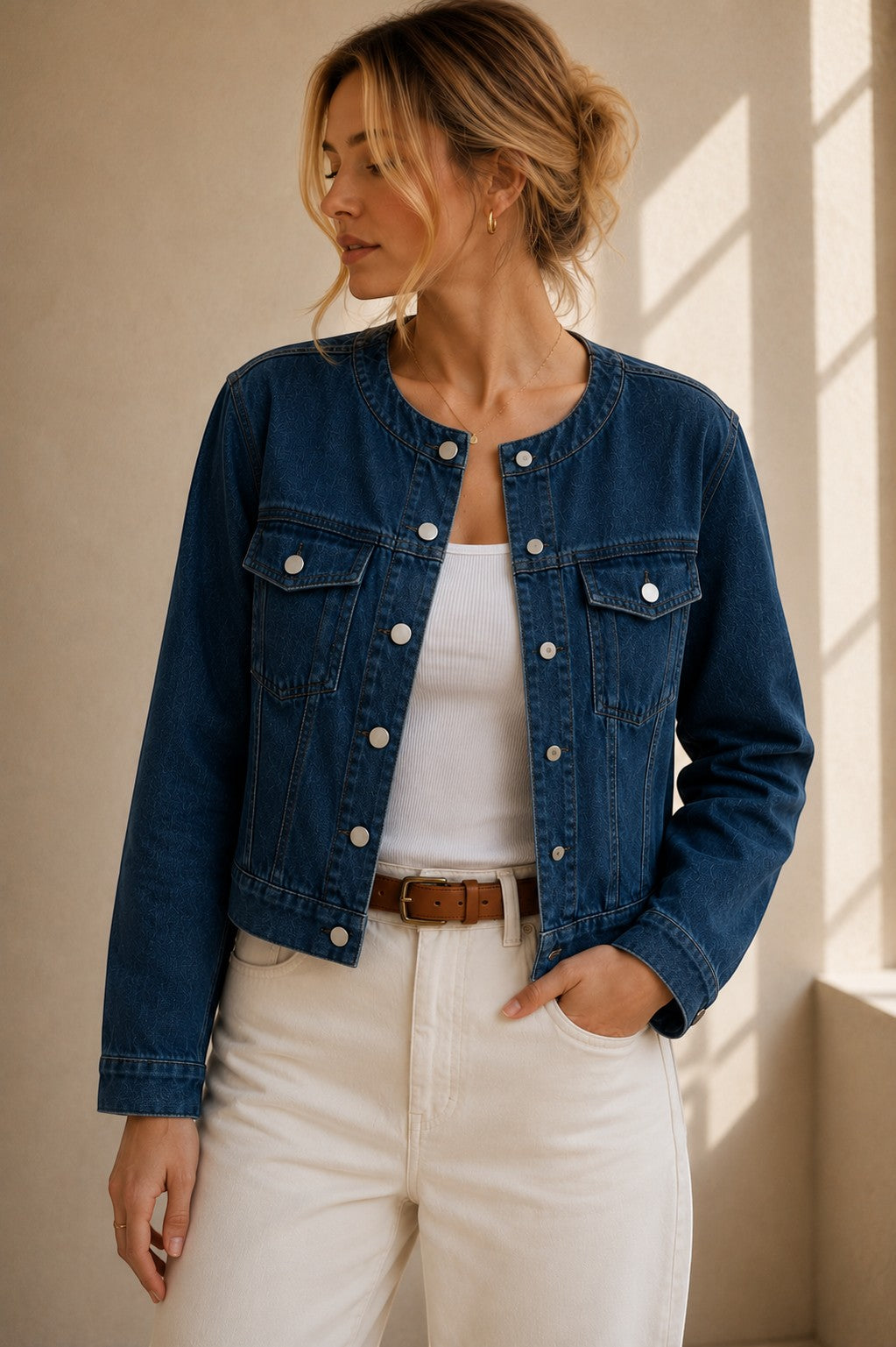 A woman wearing a Second Soie cropped collarless indigo denim jacket with silver snap buttons over a white top.