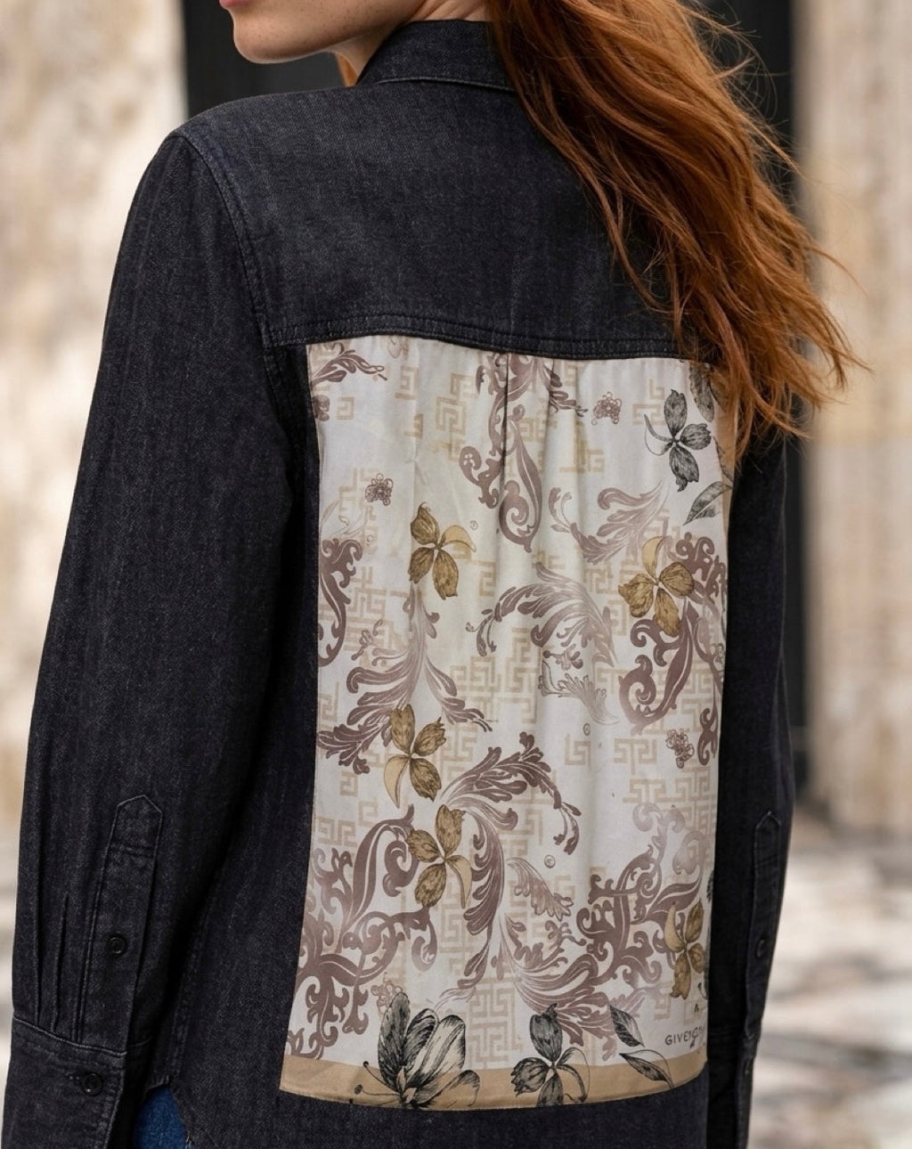 Second Soie washed-black denim overshirt featuring a decorative ivory and gold floral Givenchy scarf back panel.