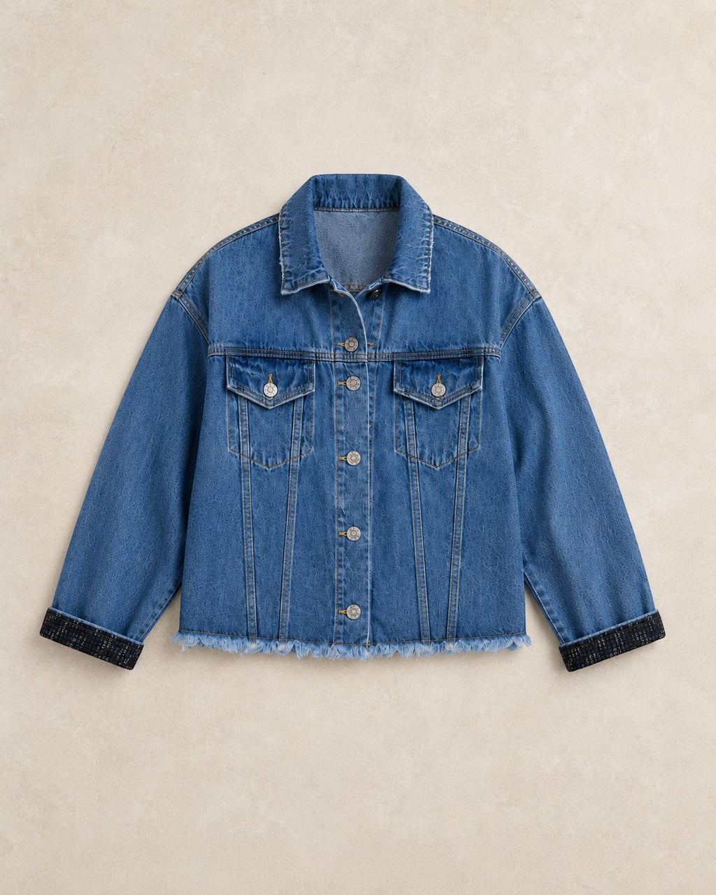 Second Soie cropped medium blue denim jacket with raw frayed hem and black Celine scarf detail on the cuffs