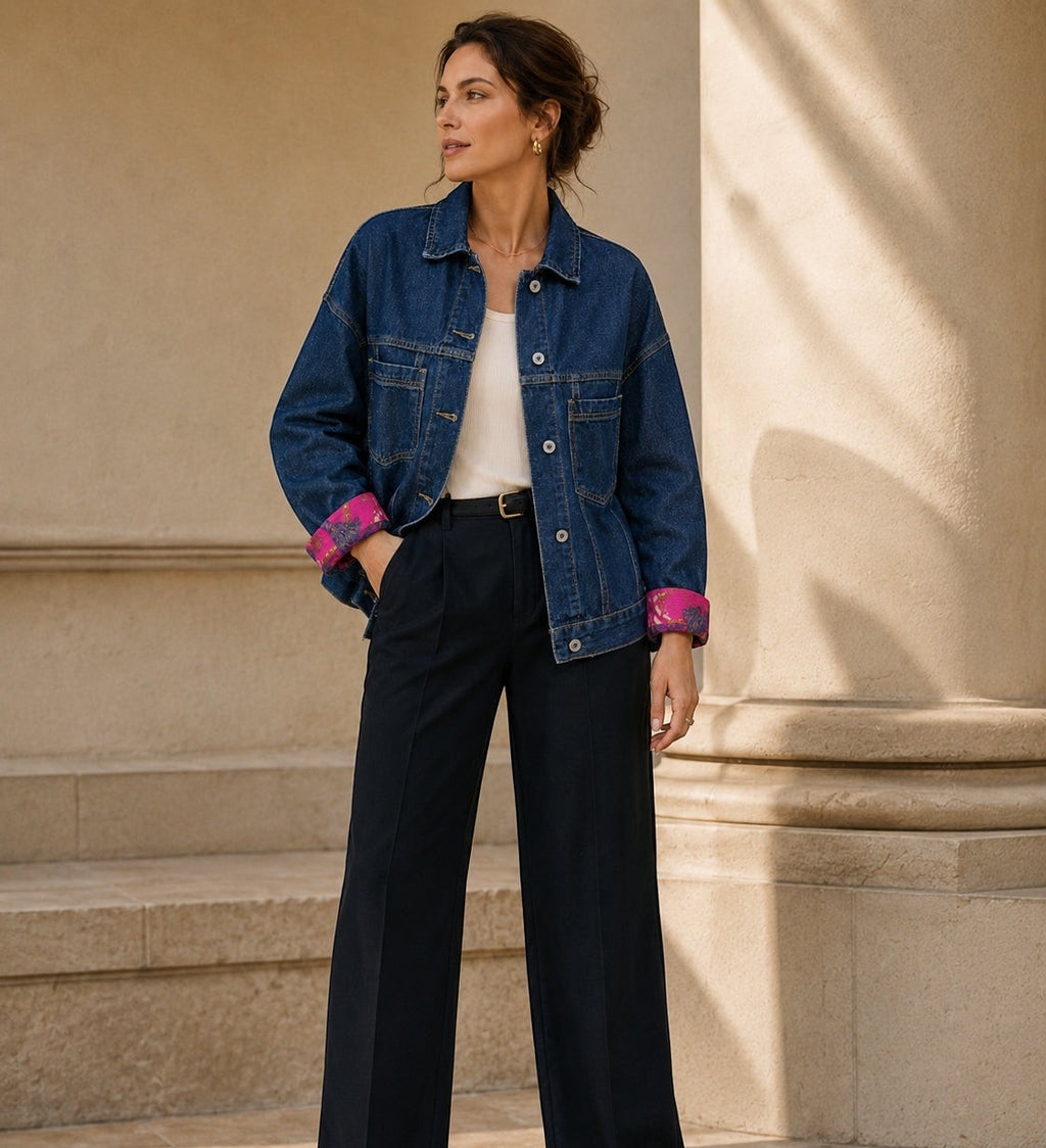 Second Soie denim jacket featuring a vintage Celine scarf panel, magenta cuffs, and a relaxed fit on a model.