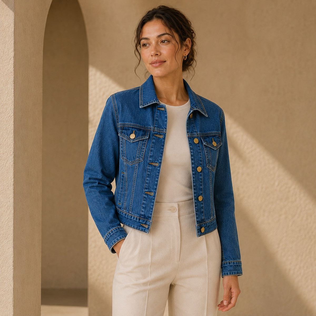Second Soie medium-blue denim jacket with antique gold buttons and a cropped silhouette worn by a woman