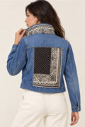 Second Soie medium-wash denim jacket featuring a vintage black and ivory Yves Saint Laurent paisley scarf back panel.
