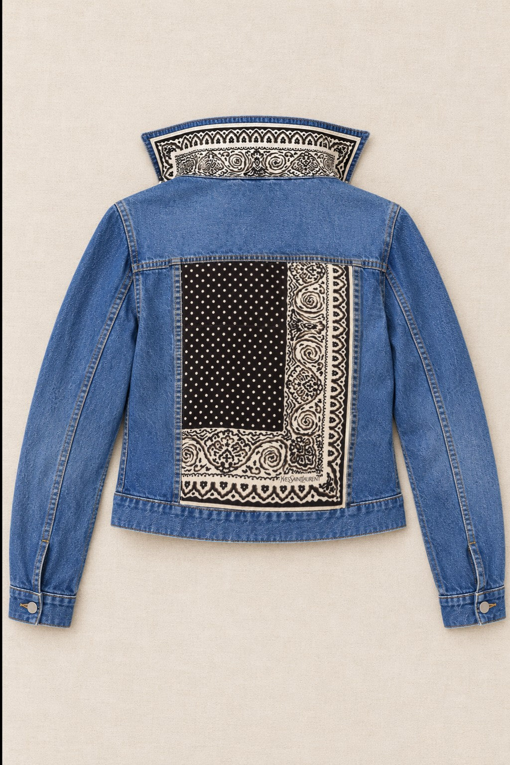 Second Soie denim jacket featuring a vintage Yves Saint Laurent black and ivory paisley scarf panel on the back.