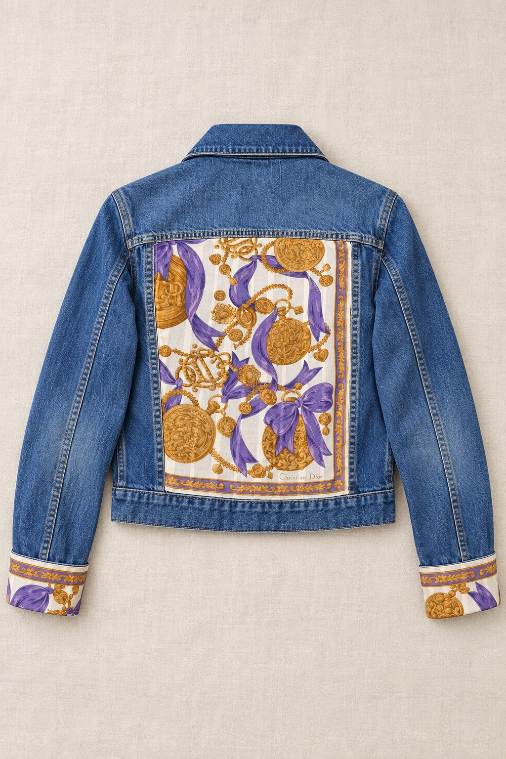 Second Soie medium blue denim jacket featuring a vintage Christian Dior scarf back panel with amethyst and gold motifs.