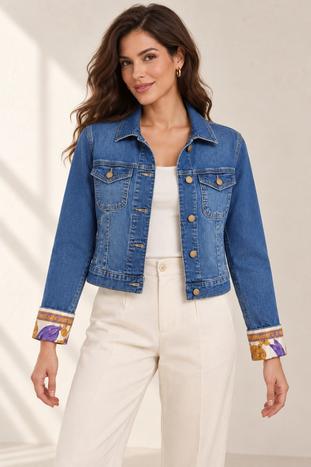 Second Soie medium blue denim jacket with vintage Christian Dior scarf-wrapped cuffs and antiqued brass buttons.