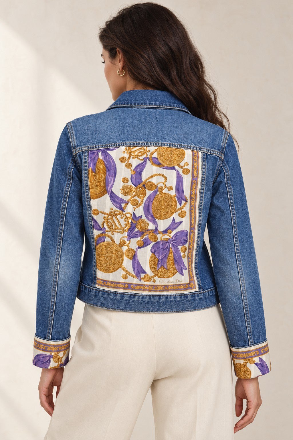 Second Soie medium-blue denim jacket featuring a vintage Christian Dior scarf back panel with amethyst and gold motifs.