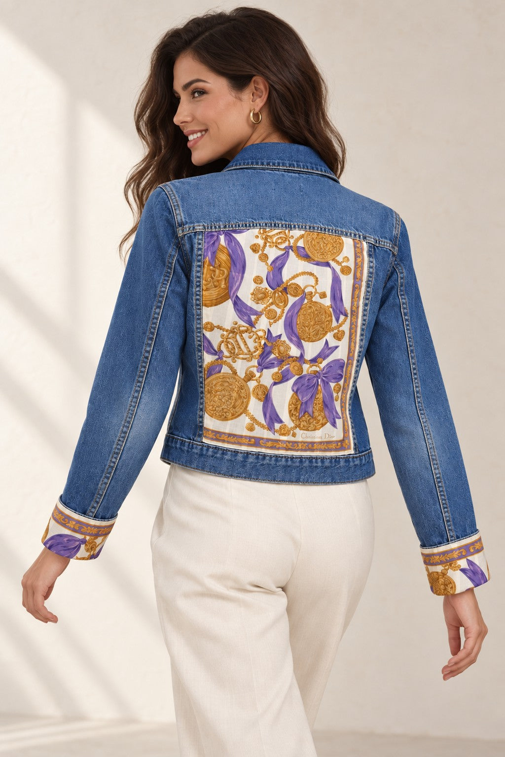 Second Soie medium blue denim jacket with a vintage Christian Dior scarf back panel in amethyst purple and ivory.