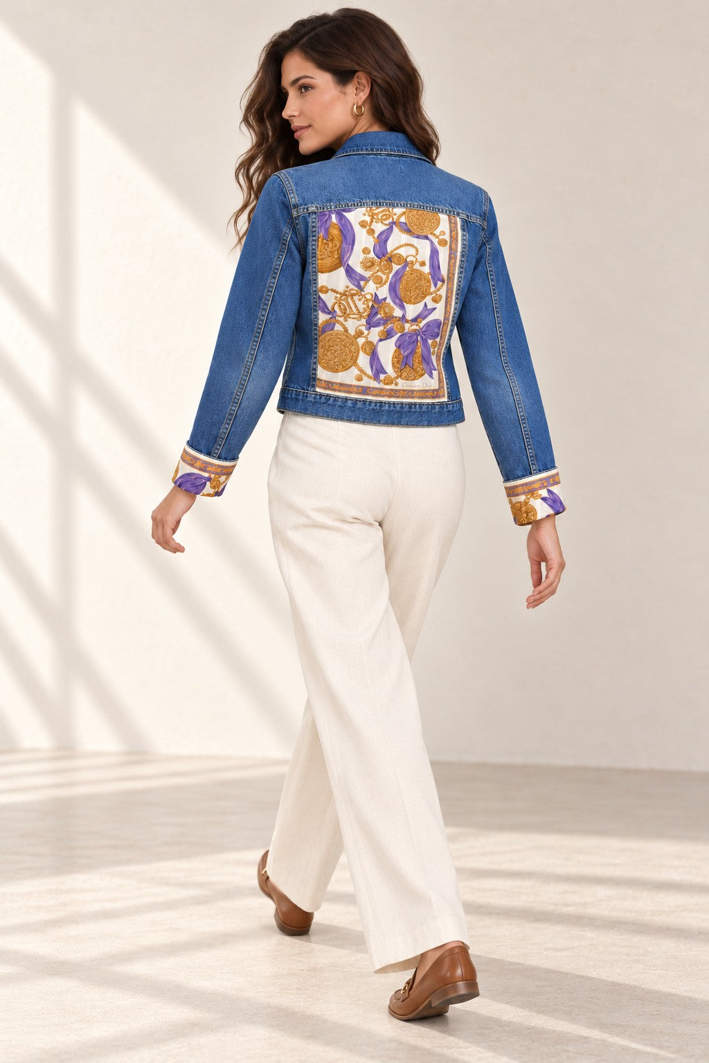 Second Soie medium blue denim jacket featuring a vintage Christian Dior scarf panel with amethyst and gold medallions.