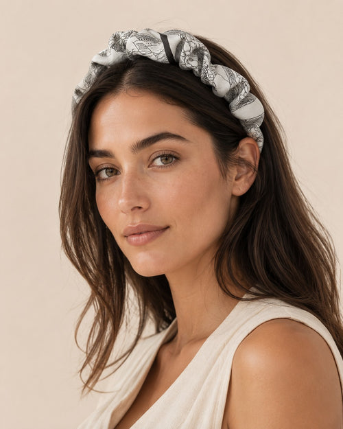 Second Soie handmade headband crafted from an authentic Dior silk scarf with a neutral base and black illustrated print.