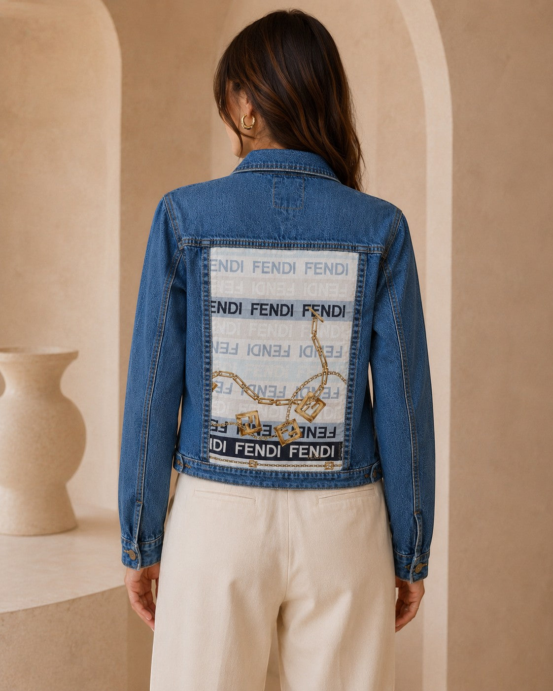 Second Soie medium-blue cropped denim jacket featuring a vintage Fendi scarf back panel with a gold chain motif.
