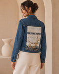 Second Soie cropped denim jacket with a vintage Fendi scarf back panel featuring a gold chain and logo motif.