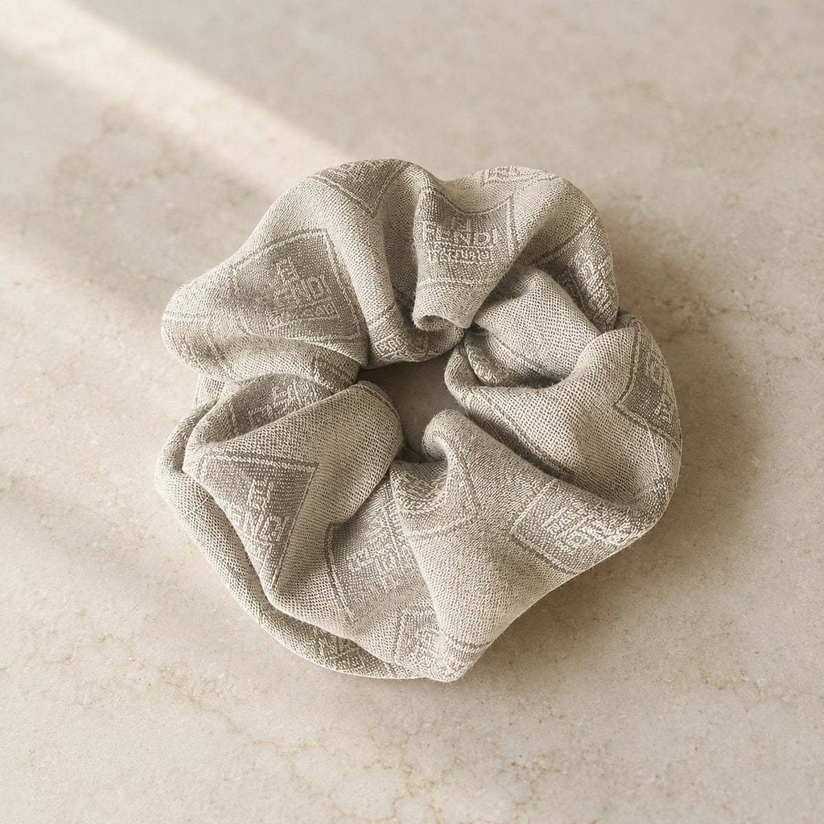 Second Soie sage gray Fendi monogram scrunchie handcrafted from vintage fabric with an oversized silhouette