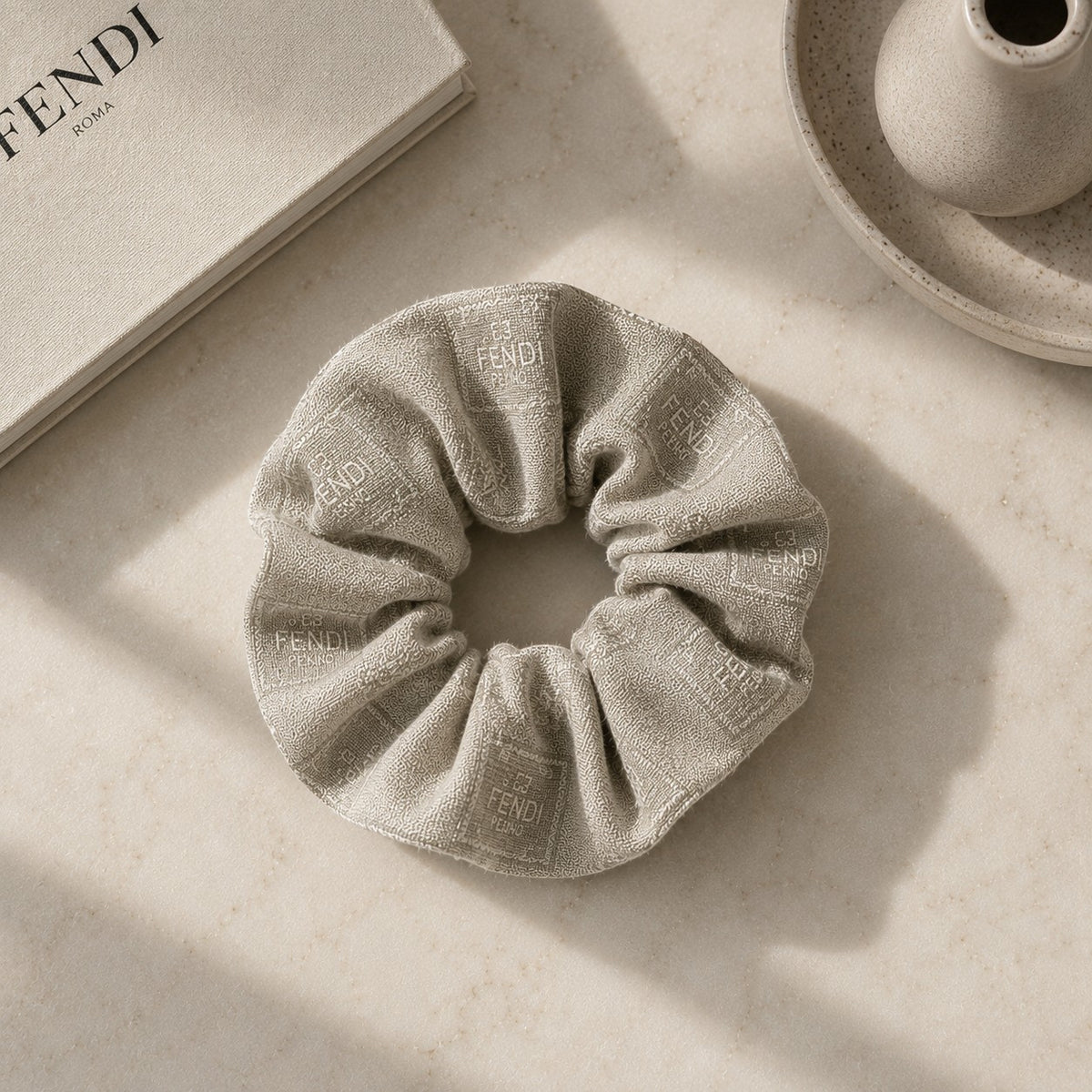 Second Soie sage gray Fendi monogram scrunchie handcrafted from a vintage scarf with an oversized, soft silhouette.