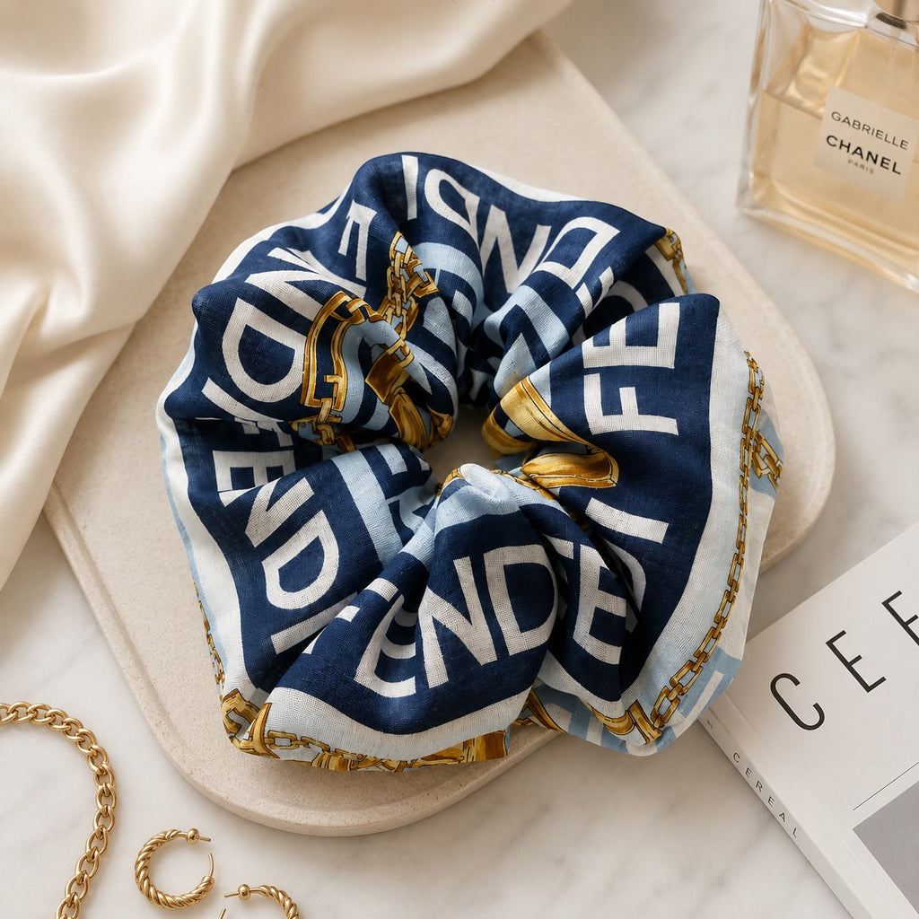 Second Soie jumbo Fendi scarf scrunchie in navy and ice blue with gold chain print on lightweight silk fabric