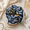 Second Soie jumbo Fendi scarf scrunchie in navy and ice blue with gold chain print on lightweight silk fabric