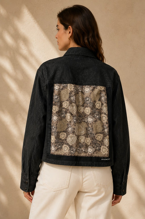 Second Soie black denim overshirt featuring an authentic vintage Givenchy scarf back panel on a model, back view.
